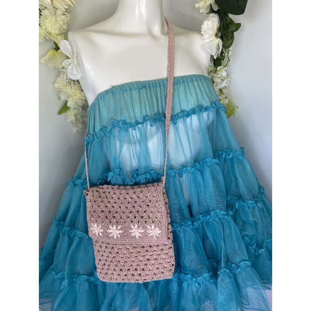 1980s Carlo D'Santi Women's Crocheted‎ Crossbody Shoulder Bag Purse Pink Vintage